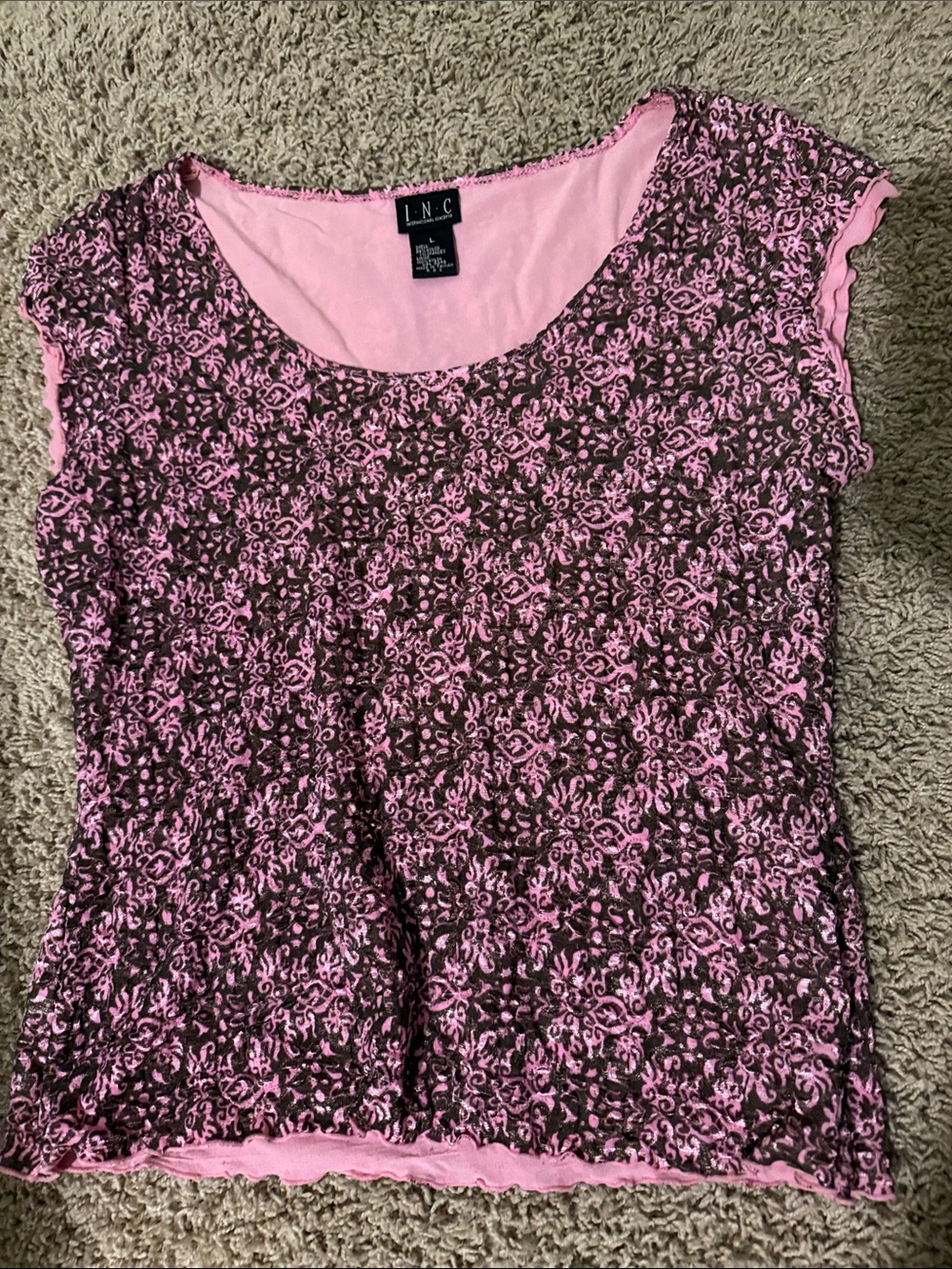 INC International Concepts Pink with Brown Floral Lace Short Sleeve Top